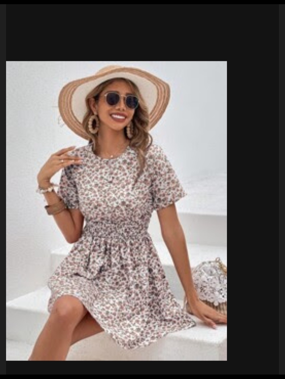 Floral Smocked Waist Short Sleeve Dress - Cream Floral